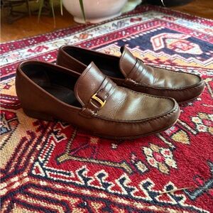 Salvatore Ferragamo Brown Leather Loafers with Metal Buckle